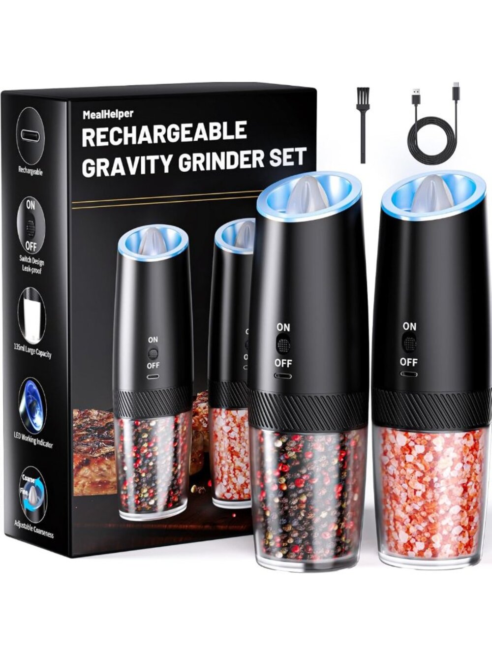 Rechargeable Electric Salt & Pepper Grinder Set with LED Light, Fast Charging